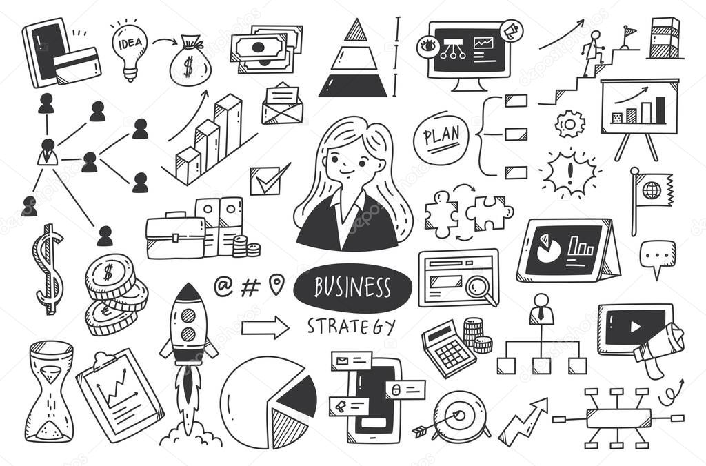 Business strategy doodle set vector illustration
