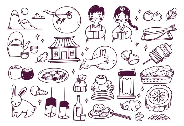 Chuseok Festival Doodle Set Vektorová Ilustrace — Stockový vektor