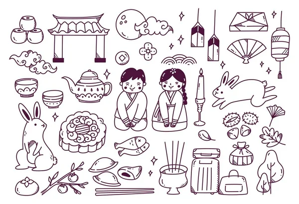 Chuseok Festival Doodle Set Vector Illustration — 스톡 벡터