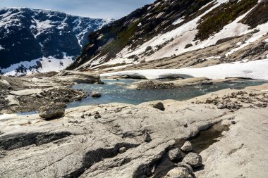 Jostedalsbreen Milli Parkı manzara Norveç'te güneşli bir günde