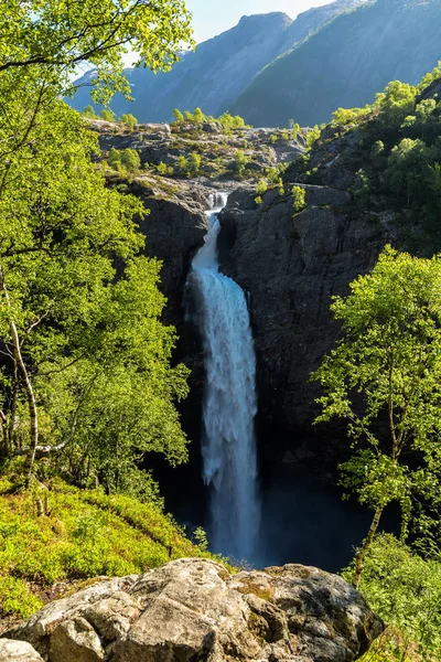 Manafossen Waterfall Lush Green Foliage Foreground Rogaland Norway One Highest — Stock Photo, Image