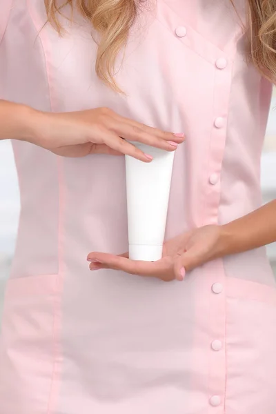 Hand Skin Care Female Hands Holding One White Cream Tube — Stock Photo, Image