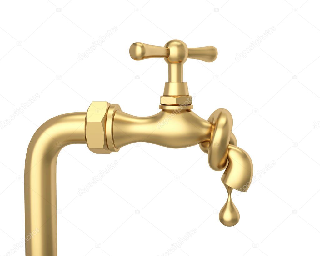Golden water tap tied in knot isolated on white. 3D rendering with clipping path