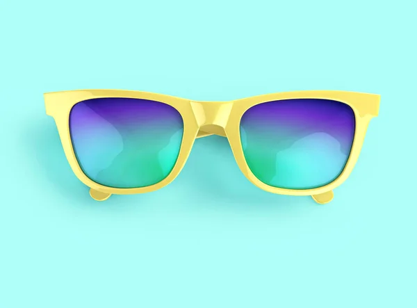 Yellow Sunglasses Multicolor Lenses Blue Background Rendering Clipping Path — Stock Photo, Image