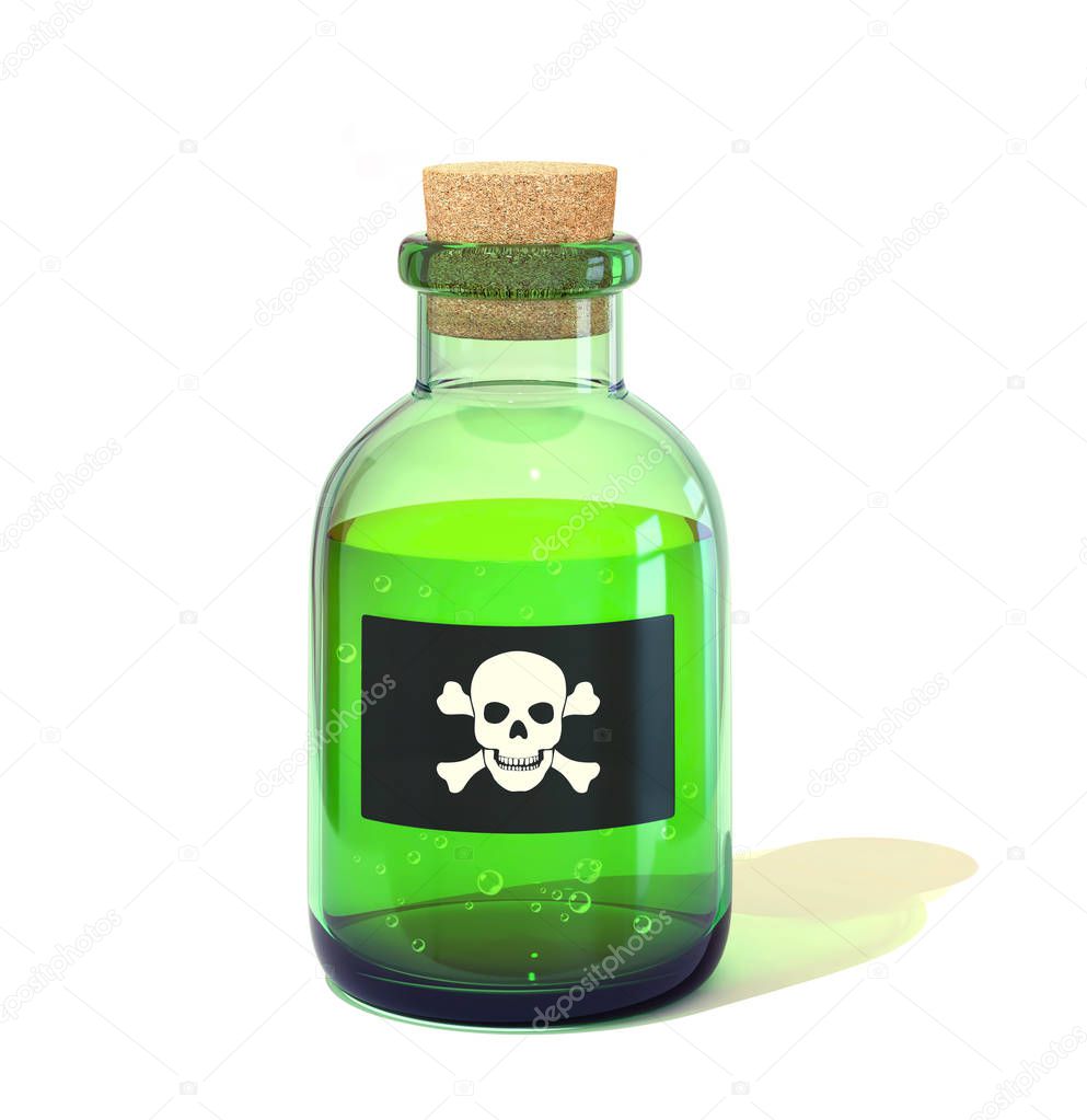 Bottle with green liquid and the poison sign label isolated on white. 3D rendering