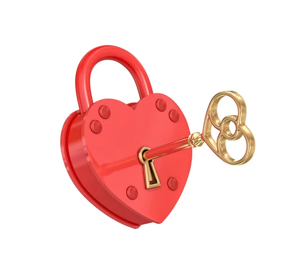 Heart Padlock Golden Key Isolated White Rendering Clipping Path — Stock Photo, Image