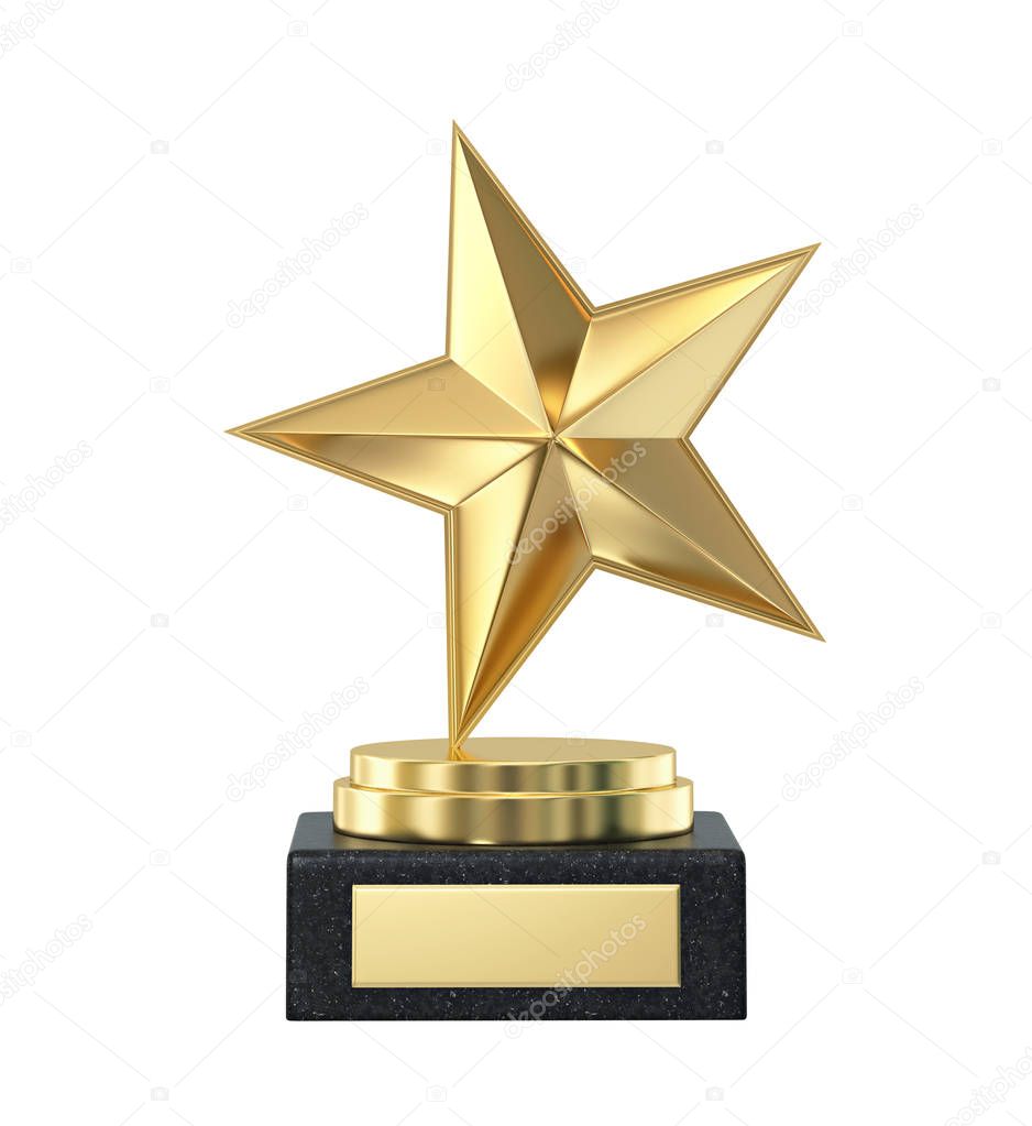 Golden star trophy award isolated on white. 3D rendering with clipping path