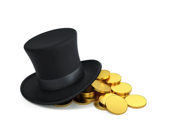 Chapéu Superior Preto Com Moedas Ouro Isoladas Branco Renderização Com — Fotografia de Stock