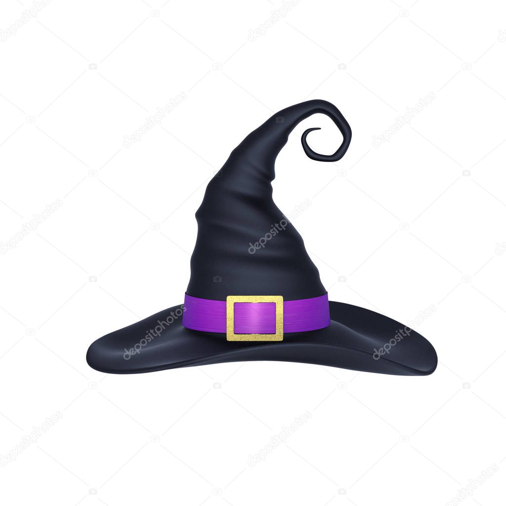 Witch hat with purple ribbon isolated on white. 3D rendering with clipping path