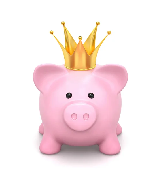 Piggy Bank Rosa Com Coroa Isolada Branco Renderização Com Caminho — Fotografia de Stock