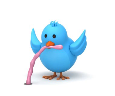 Blue bird pulling worm out of ground. Early bird gets the worm concept. 3D render with clipping path clipart