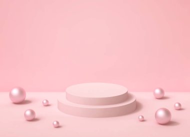 Pastel pembe arka plan yuvarlak podyum ve inciler ile. 3D render