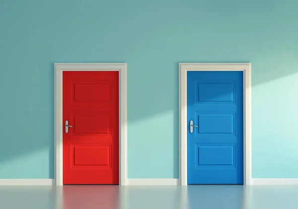 Puertas rojas y azules. Elección manera concepto — Foto de Stock