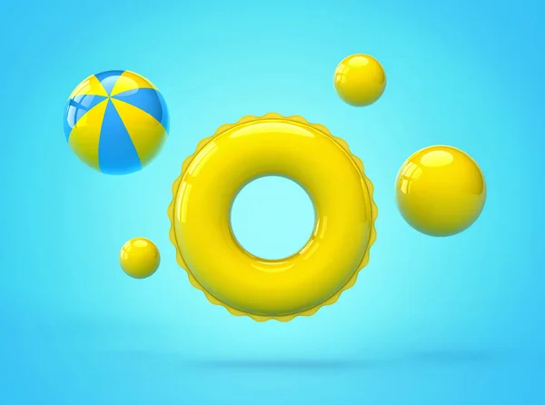 Mavi arka planda şişme yüzme halkası ve plaj topları — Stok fotoğraf
