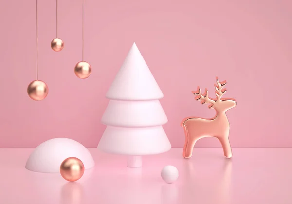 Pin üzerinde noel ağacı ve altın geyik ile soyut kış sahnesi