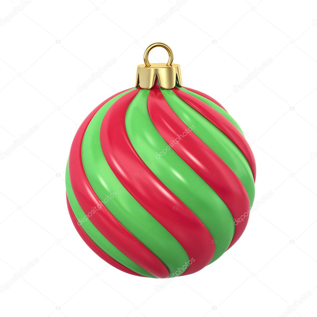 Red and green striped christmas ball isolated on white. Clipping