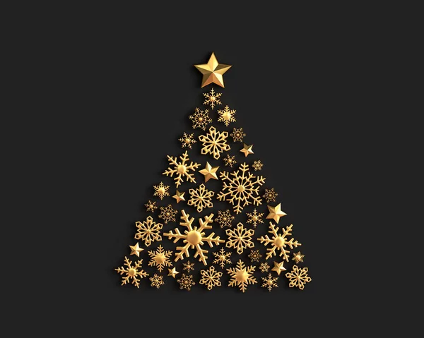 Copos de nieve dorados en forma de árbol de Navidad sobre negro —  Fotos de Stock