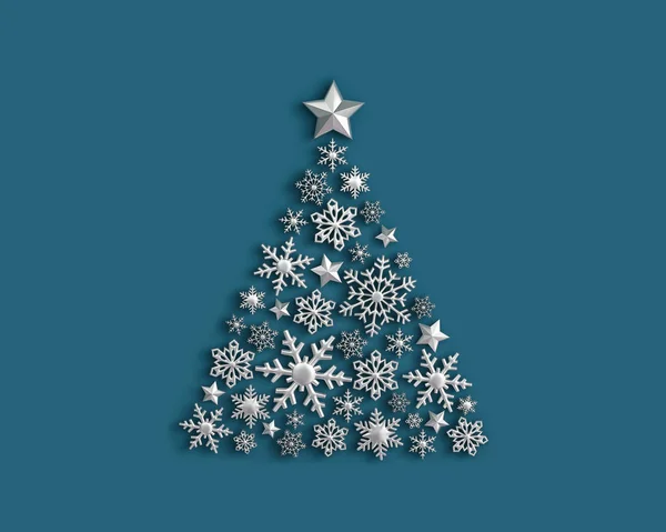 银色雪花的形状，圣诞树在蓝色 — 图库照片