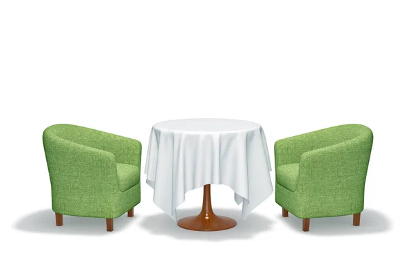 テーブルと2つのアームチェアは白で隔離されています。含まれるクリッピングパス — ストック写真