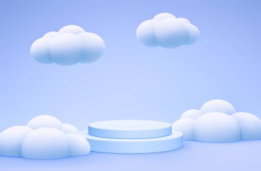 Silindir podyumu, ürün standı ve bulutlu soyut pastel mavi arkaplan. 3B görüntüleme
