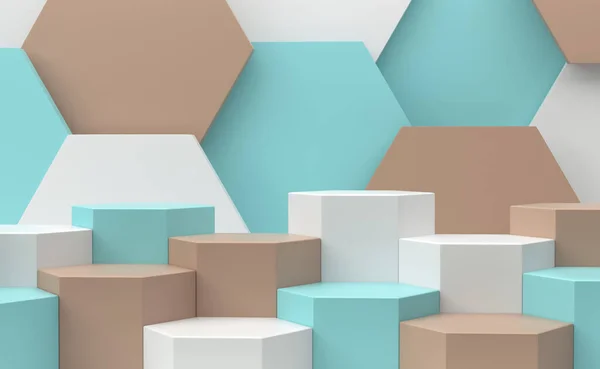 Fond Géométrique Abstrait Hexagones Blancs Bleus Bruns Rendu — Photo