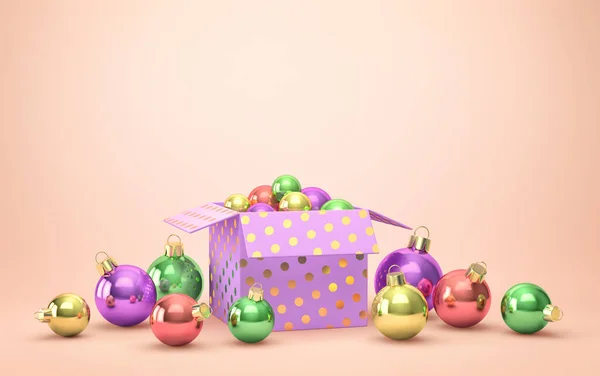 Coffret Cadeau Avec Boules Noël Sur Fond Beige Rendu — Photo