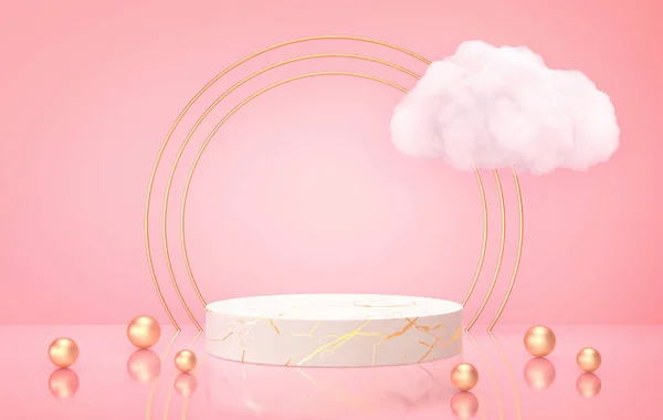 Podium Produktstand Mit Goldenen Kreisen Und Weißer Wolke Auf Rosa — Stockfoto
