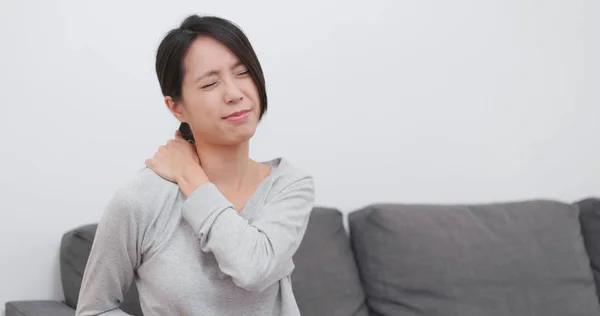 Woman Feeling Tired Shoulder Pain Home — Stock Photo, Image