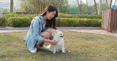 Kadın köpeğini ile parkta