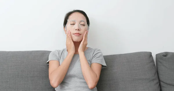 Woman Apply Paper Mask Face — Stock Photo, Image