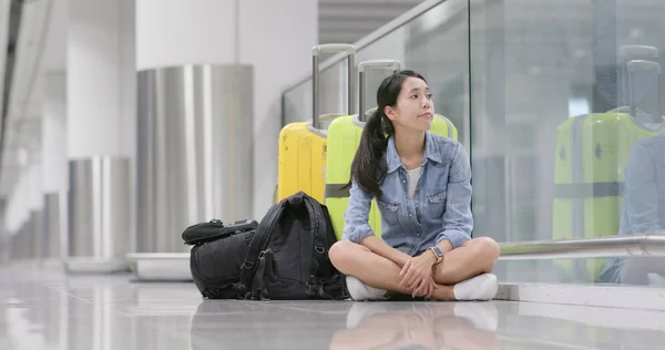 Woman Wait Long Flight Transit Airport Carry Backpack Luggage — Stock Photo, Image