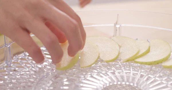 Aanbrengen Van Apple Stukken Drogende Kunststof Droge Voor Het Maken — Stockfoto