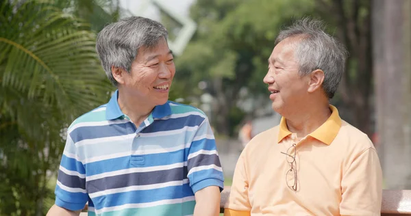 Old male friends chatting together at outdoor park