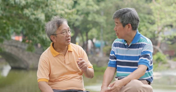 Old male friends chatting together at outdoor park