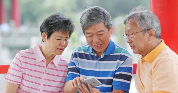 Velhos Amigos Seniores Usando Telefone Celular Para Tirar Fotos Parque — Fotografia de Stock