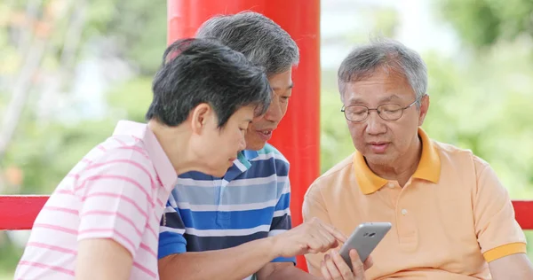 Senior Vrienden Praten Samen Kijken Naar Buiten Park Mobiele Telefoon — Stockfoto