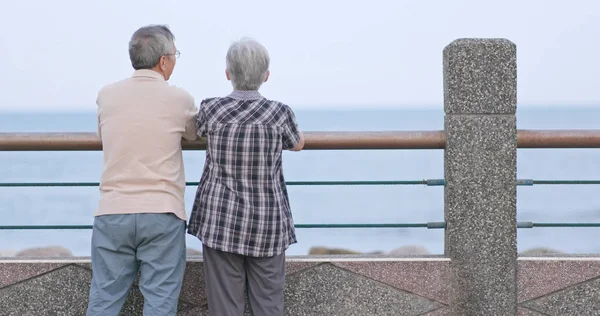 Pareja Ancianos Charlando Mirando Mar Juntos — Foto de Stock