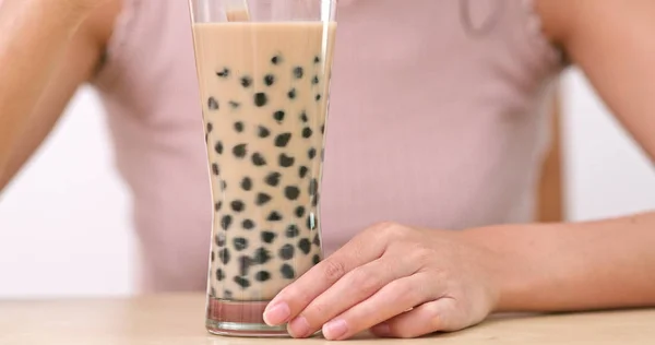 Woman Drinking Glass Taiwan Bubble Milk Tea — Stock Photo, Image