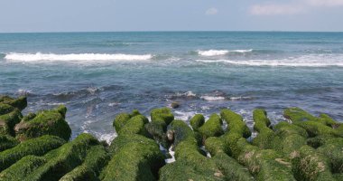 Okyanus güzel ve güneşli bir gün, Laomei yeşil resif Taipei, Tayvan dalga