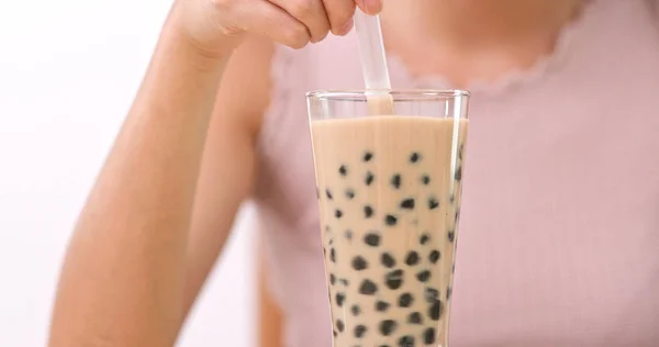 Woman Enjoy Glass Taiwan Bubble Milk Tea — Stock Photo, Image