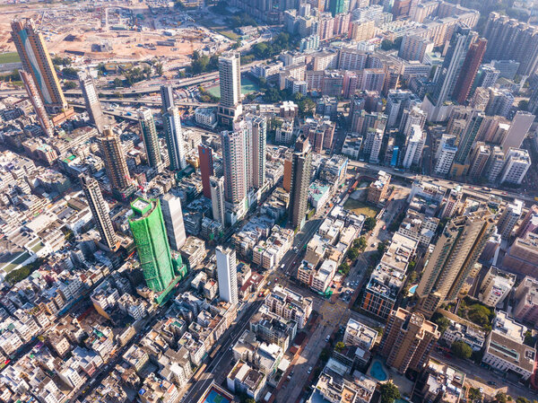 Kowloon city, Hong Kong - 11 November, 2017: Top view of Hong Kong city