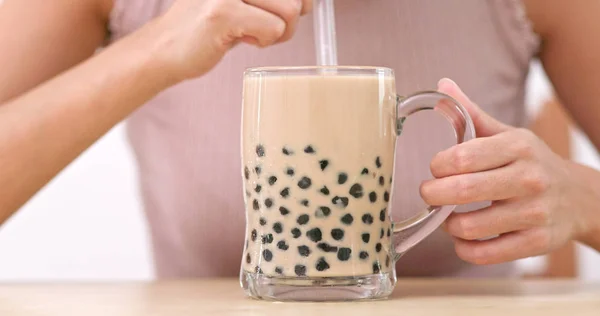 Woman Drinking Iced Bubble Milk Tea — Stock Photo, Image