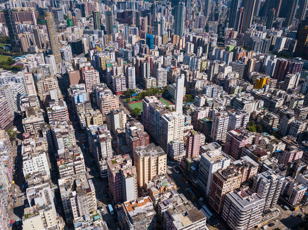 Kowloon city, Hong Kong - 25 May, 2018: Aerial view of Hong Kong cityscape