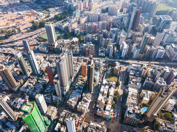 Kowloon city, Hong Kong - 11 November, 2017: Aerial view of Hong Kong city