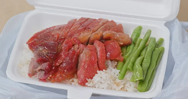 Grill Schweinefleisch Reis Zum Mitnehmen Box — Stockfoto