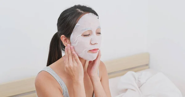 Woman Apply Facial Paper Mask Face Home — Stock Photo, Image