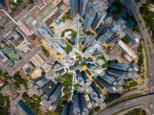 Drone Voar Sobre Edifícios Residenciais Hong Kong — Fotografia de Stock