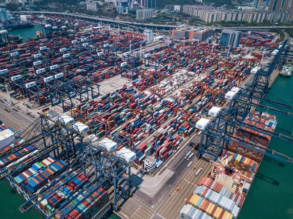 Drony Letět Přes Terminál Port Kontejneru Hong Kongu — Stock fotografie