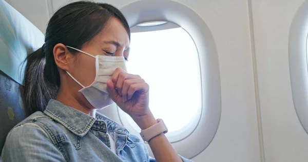 Woman Feeling Unwell Wearing Face Mask Plane — Stock Photo, Image