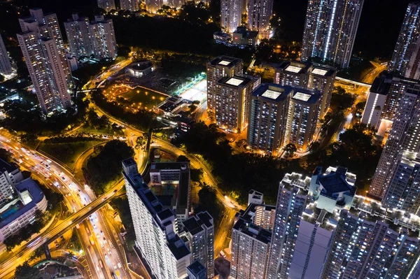 Aerial view of Hong Kong buildings at night